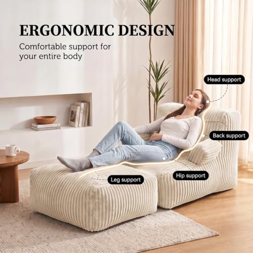 MaxiBean Medium Stripe White Giant Faux Fur Bean Bag Chair Lounger with Memory Foam