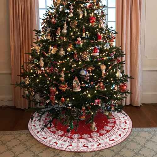 Christmas Tree Skirt Large Xmas Tree Skirts with Snowflake and Reindeer Pattern Decorations for Winter Christmas Holiday Party Decor Indoor 36 Inches