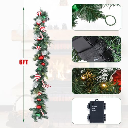 VCUTEKA 6FT Candy Cane Lighted Christmas Garland w/ 25 LED Lights for Indoor/Outdoor