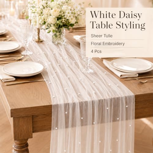 4 Pcs Pearl White Tulle Table Runners 29x72in for Weddings - APUDWN