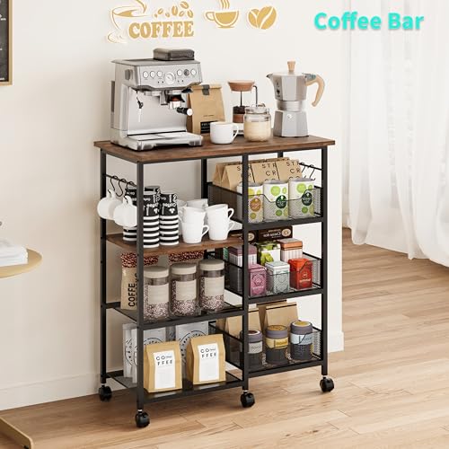 HapiRm Brown Rolling Kitchen Cart with Storage, Microwave Stand, 6 Hooks & 3 Baskets
