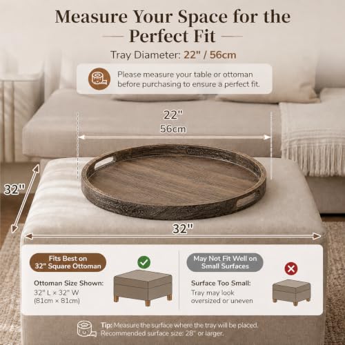 Hanobe 22-Inch Wooden Decorative Ottoman Tray with Handles for Living Room