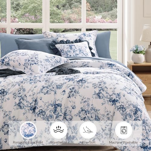 Rain Washed Oversized Queen Comforter Set 7 Pieces Blue Floral Bed in a Bag