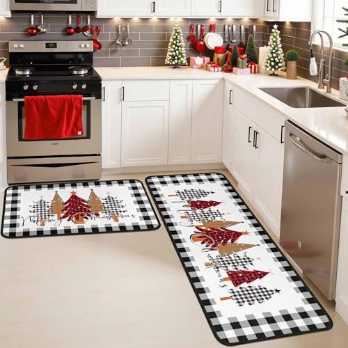 White Buffalo Plaid Xmas Kitchen Rugs Set of 2 – 17x47 and 17x30, Non-Slip Mats