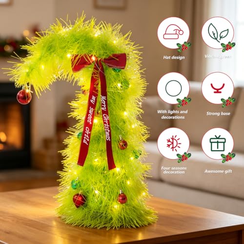 Nexstron Velvet Bow Mini Christmas Tree 20 Inch with Lights & Ornaments – Grinch-Inspired Holiday Decor