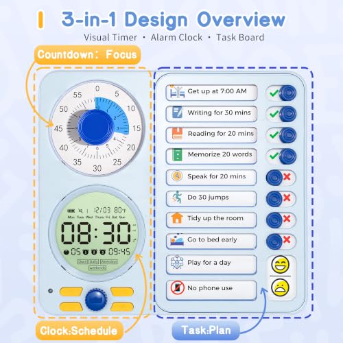 Blue 3-in-1 Visual Timer for ADHD Chore Chart & Task Planner Kids & Adults