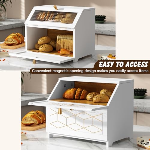 White Double Layer Bread Box with Golden Trim - Wooden Countertop Storage for Kitchen - Solid White