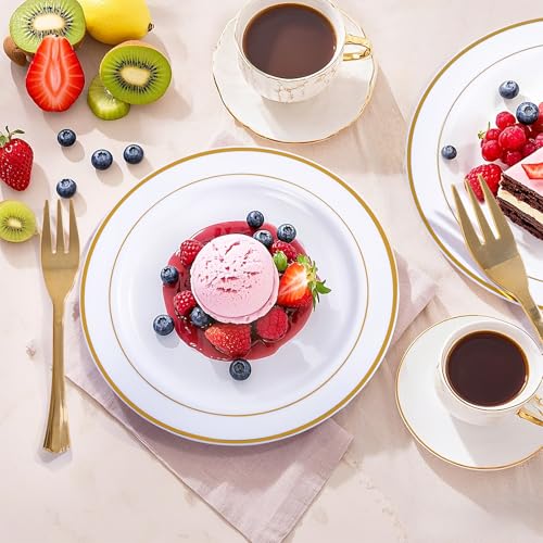 120 Pcs Disposable Dessert Plates with Gold Rim & Forks Set - 6.3 Inch for Weddings & Parties