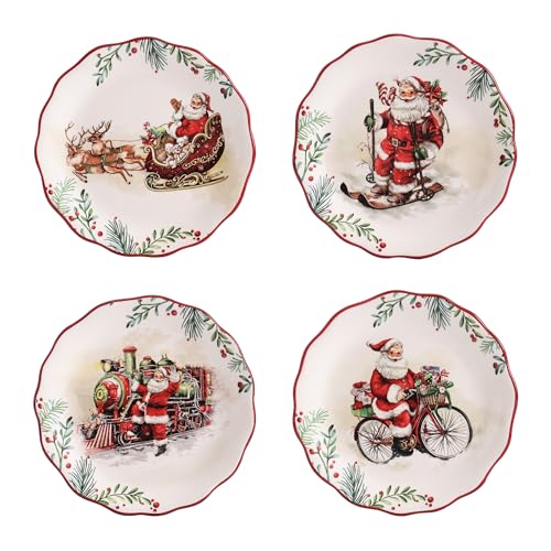 Bico Santa On The Way Scalloped Christmas Salad Plates Set of 4, 8.75 Inch