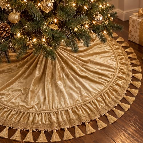 48 Inch Gold Velvet Christmas Tree Skirt with Tassels - Vintage Style, Round