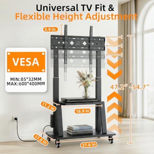 Rolling TV Stand with Power Outlet 32-83 Inch TVs, Mobile Cart with Adjustable Height