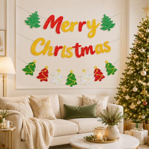 Merry Christmas Banner Set with Glitter Letter & Tree Garlands - DIY Xmas Decor