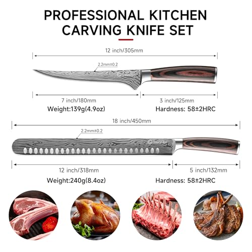 Sunnecko BBQ Carving Knife Set - 12 Inch Slicing & 7 Inch Boning Knife with Pakkawood Handles - Variation: 12 Inch Carving Knife with 7 Inch Boning Knife