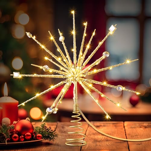 ElectricWise 15-Inch Gold LED Starburst Christmas Tree Topper with Timer & Battery