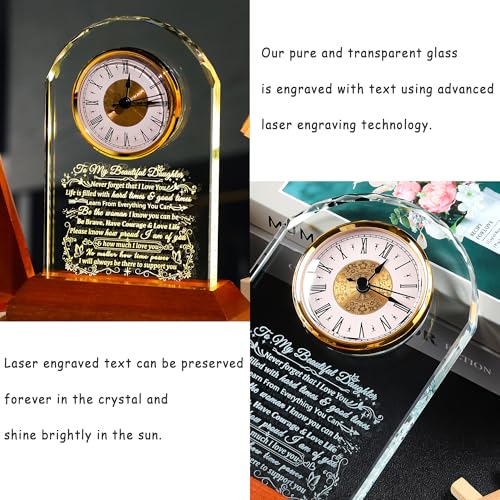 Daughter Gift Glass Clock with Wooden Base - From Mom & Dad, Warm Light, Engraved - Variation: Daughter Gifts