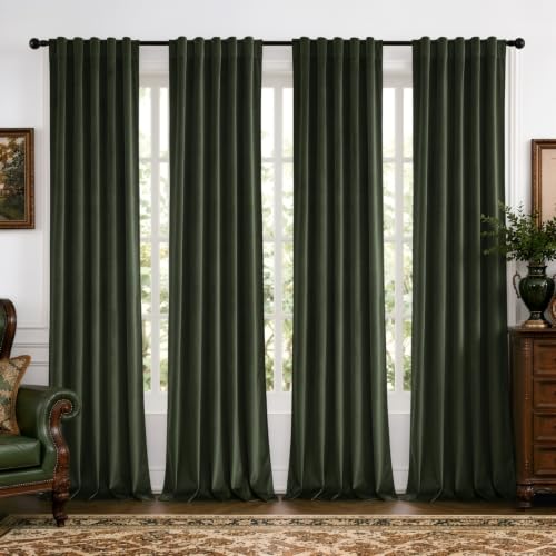 Olive Green Velvet Curtains Set of 4 Panels 40x96 Inch - Back Tab & Rod Pocket