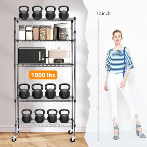 YNN Storage Shelves,1750Lbs 5 Tier Heavy Duty Metal Rolling Shelving