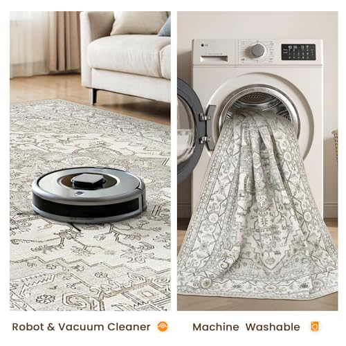 Befbee 9x12 Beige Floral Washable Area Rug - Large Soft Non-Slip Living Room Carpet