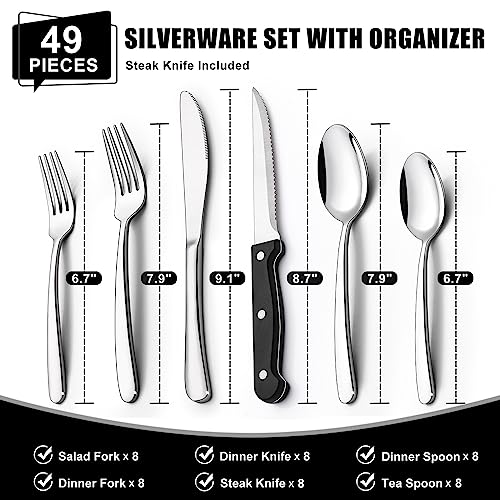 Heavy Duty 49-Piece Silverware Set with Organizer - Stainless Steel Flatware for 8