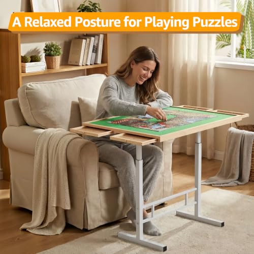 Fanwer 1500 Pieces Tilting Puzzle Table with 4 Drawers & Cover - White / Natural Wood / Standard Set