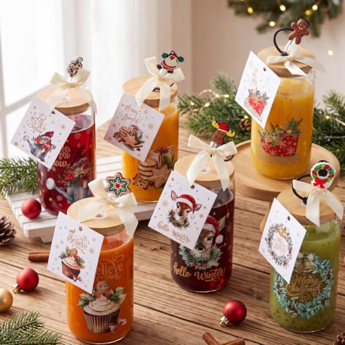 Vesici 6-Set Vintage Can Shaped 16 oz Christmas Glasses with Lids, Straws, Bow & Cards – Retro Gift Pack