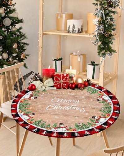 Chees D Zone 60-Inch Christmas Snowman Round Tablecloth with Elastic Edge, Fitted Holiday Cover, Rustic Wood Grain Design, Fits 55-60 Inch Tables