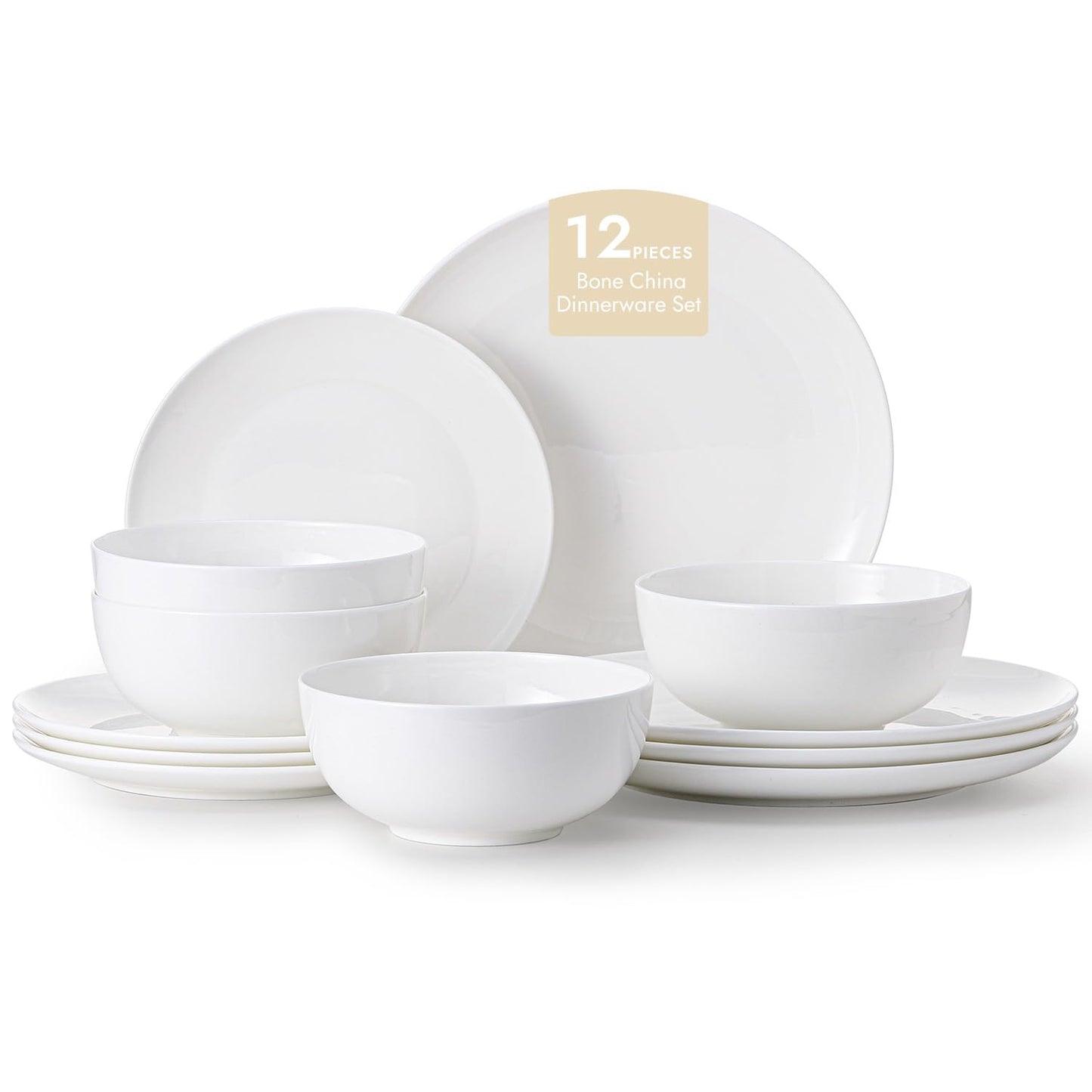KINGSTONE 12-Piece Bone China Dinnerware Set for 4, Lightweight Porcelain Round Plates and Bowls Set, Durable Scratch Resistant Ceramic Dinner Set, Microwave & Dishwasher Safe, Ivory White