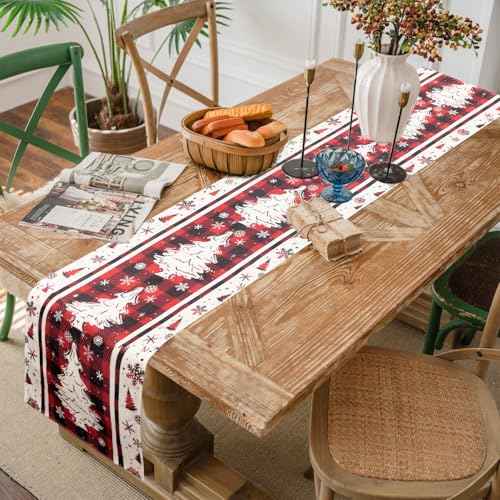 Buffalo Plaid Christmas Tree Christmas Table Runner, Red Winter Holiday Kitchen Dining Christmas Table Decoration for Indoor Outdoor Home Party Decor 13x72 Inch (Christmas Tree)