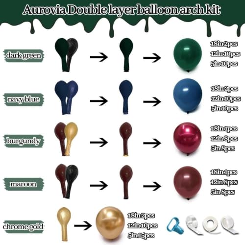 Aurovia Double Stuffed Dark Green, Red, Blue & Gold Balloon Arch Kit for Christmas, New Year & Parties (Variation: Red Blue Green Gold)