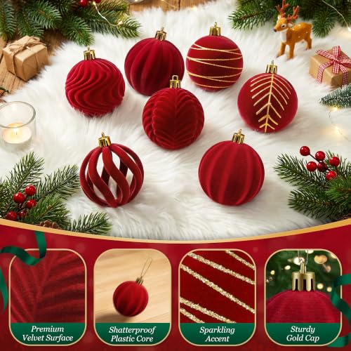 WISELIFE Red Velvet Christmas Ball Ornaments 30 Pack, 2.4in, with Gold Caps