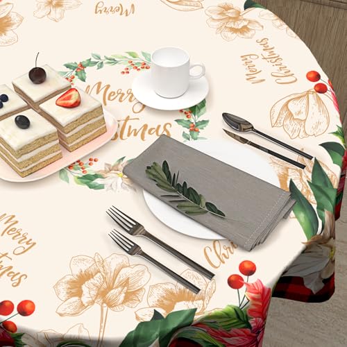 Giwawa 60-Inch Christmas Buffalo Check Plaid Round Tablecloth with Poinsettia Print