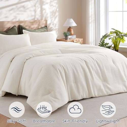 PHF Cream King Size Waffle Weave Comforter Set with 2 Pillow Shams - Ultra Soft All-Season Bedding