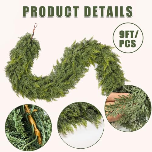 KIWDY 9FT Real Touch Cedar Garland - Unlit 9FT Christmas Faux Pine Garland
