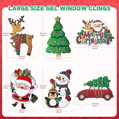 Christmas Window Clings, 15"X9" Reusable Static Cling Gel Window Stickers Holiday D?cor,Christmas Window Stickers Includes Santa Claus Snowman Xmas Tree,Removable Window Sticker, 6 pcs