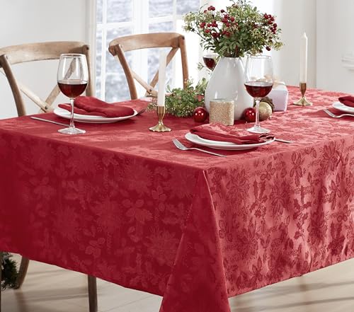 Newbridge Red Christmas Carol Damask Rectangular Tablecloth 120x60 Inch - Holiday Wrinkle-Free Fabric Cover
