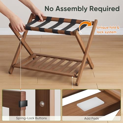 Dark Walnut Luggage Rack with Folding Storage Shelf - 26.77" Fully Assembled