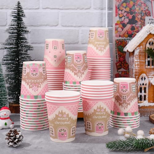 Whaline 100Pcs 9oz Christmas Gingerbread Paper Cups, Disposable Holiday Party Drinkware