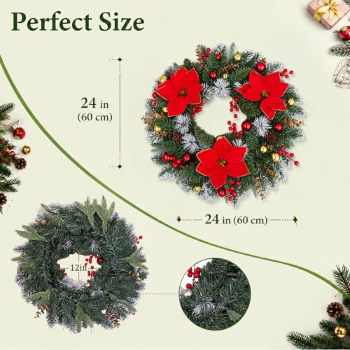 24-Inch Lighted Christmas Wreath with Frosted Poinsettias, Red & Green, Battery-Operated