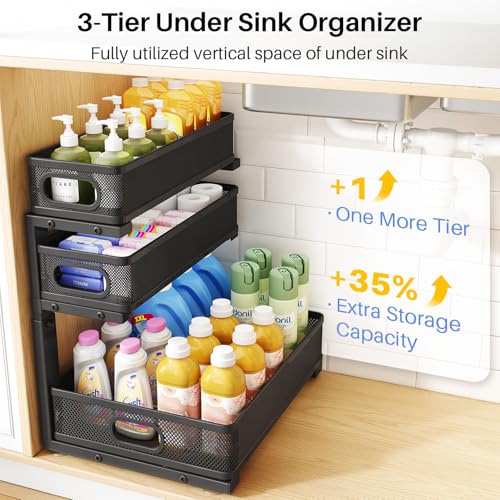 Under Sink Organizer 3-Tier Metal Pull-Out Shelf, Height Adjustable, 2-Pack Black