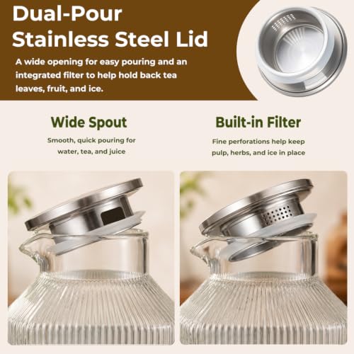 1 Gallon Square Glass Pitcher with Stripes - Borosilicate, Stainless Steel Lid, 135.3 Ounces