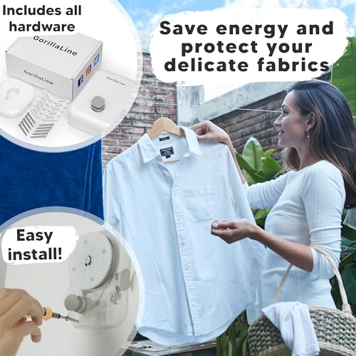 GorillaLine White Retractable Clothesline Indoor & Outdoor Wall Mount Heavy Duty Laundry Line