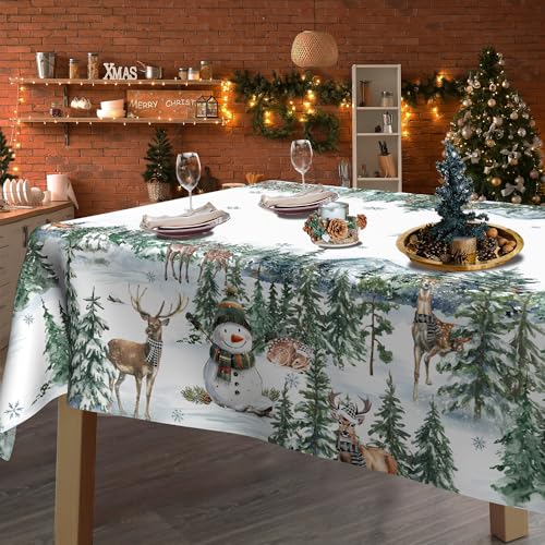 LEWARAN Christmas Tablecloth 52x70 Rectangular Snowmen & Deer Polyester