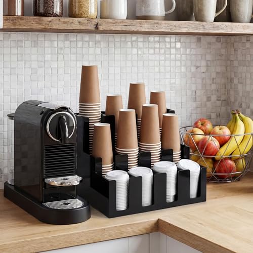 Geetery 16.93 x 12.99 x 11.81 Inch Black Acrylic Cup Dispenser Organizer with 12 Compartments