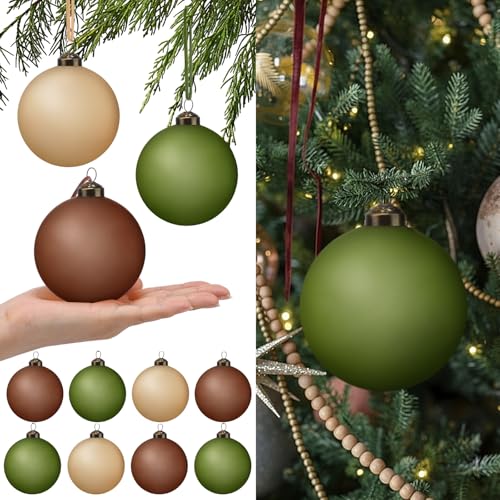 Soulchen 24-Pack 3.15 Inch Neutral Frosted Glass Christmas Ornaments - Beige, Light Brown, Green, Vintage Rustic Style