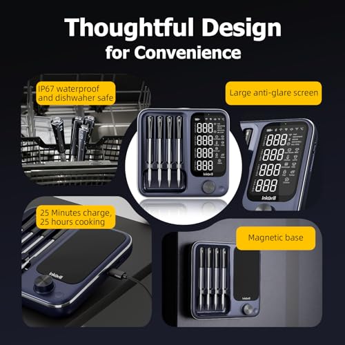 Wireless Meat Thermometer with App Control & 4 Probes for Grill Oven BBQ