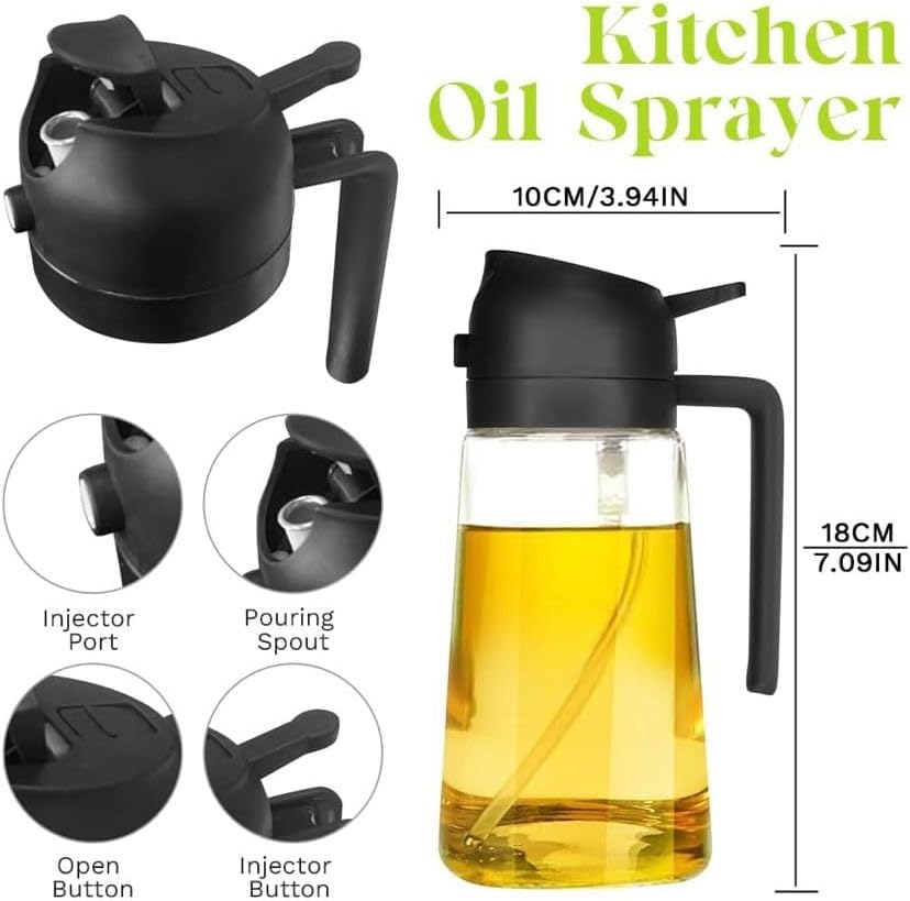 TrendPlain 16oz Glass Olive Oil Sprayer - 2-in-1 Dispenser for Cooking, BBQ & Salad - Black