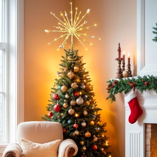 ElectricWise 15-Inch Gold LED Starburst Christmas Tree Topper with Timer & Battery