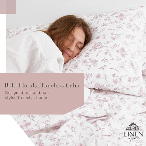 Floral Print Queen Linen Sheets Set - 100% Cotton, Mauve Botanical