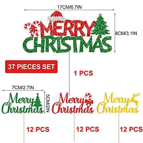 JOZON 37 Pack Gold Red Green Merry Christmas Cake Topper and Cupcake Toppers Set Glittery Xmas Holiday Cupcake Picks Christmas Party Cake Supplies Decoration
