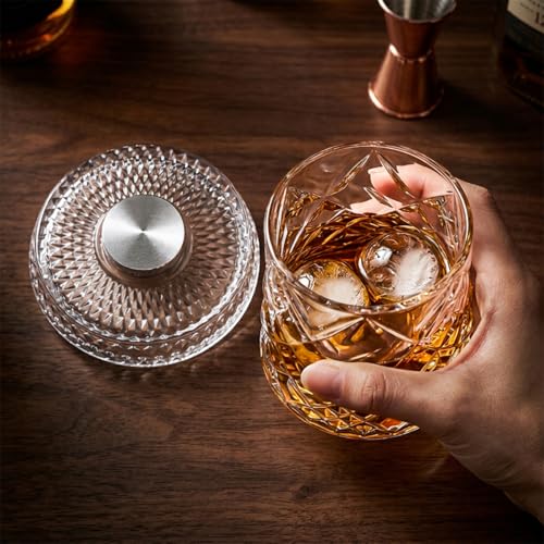 4PCS Spinning Whiskey Glass Set 9.5oz Lead-Free Crystal with LED Bases & Ice Molds